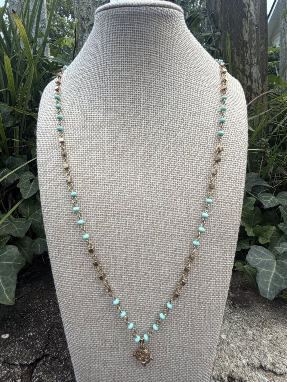 Boho Faux Turquoise Beaded Station Chain Necklace Coin Medallion 18" Festival